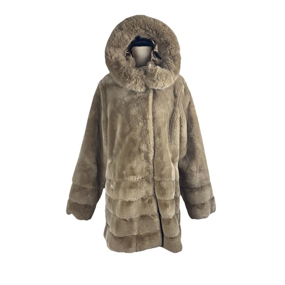 Gallery New York Womens L Hooded Faux Fur Coat Tan Plush Warm Satin Lined Jacket - Picture 15 of 16
